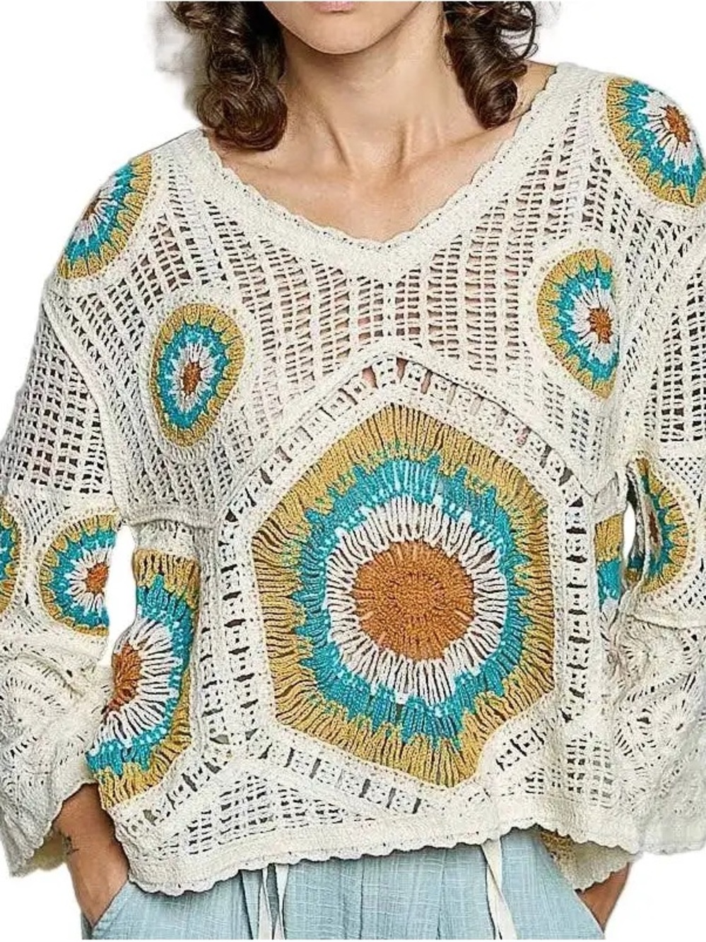 Crochet Boho Sweater with Teal and Mustard Medallions